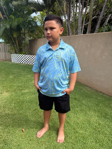 Palm Leaves (Blue/Yellow) - Kids Polo